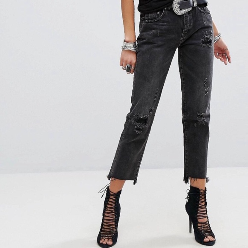 One Teaspoon High Waist Awesome Baggies Black Distressed Frayed Ripped Jeans